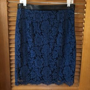 Blue/Black Lace Skirt with Faux Leather Trim